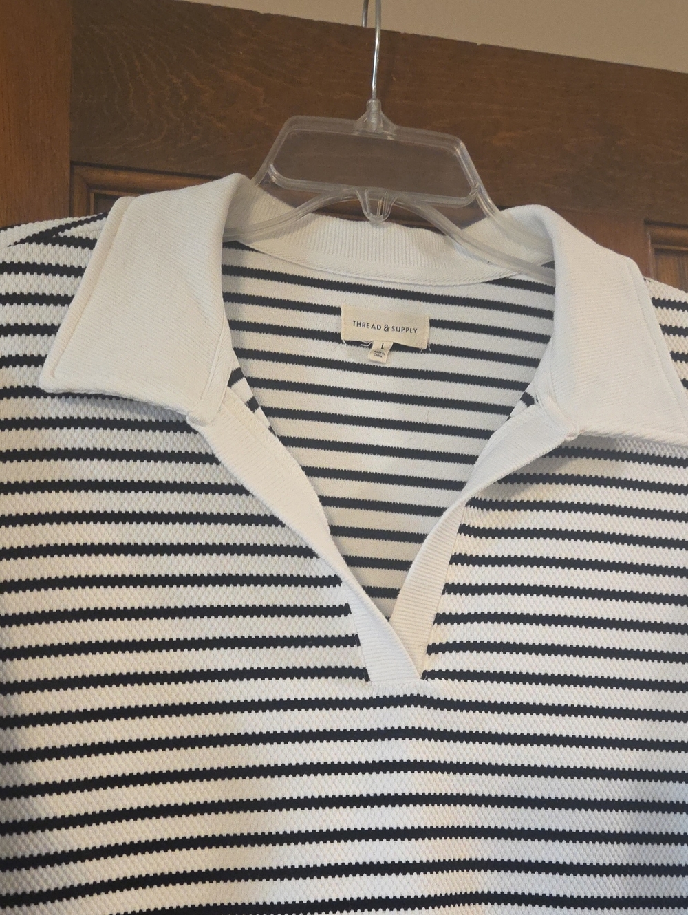 Thread & Supply Black and White Striped V-Neck Collared Sweater - Picture 3 of 5